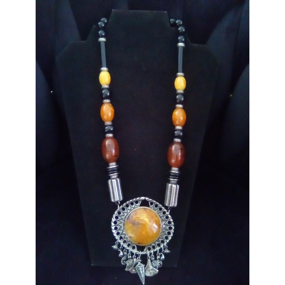 Vintage Tribal Statement Necklace Amber Beads Silver Charms Arrowhead Shell Boho